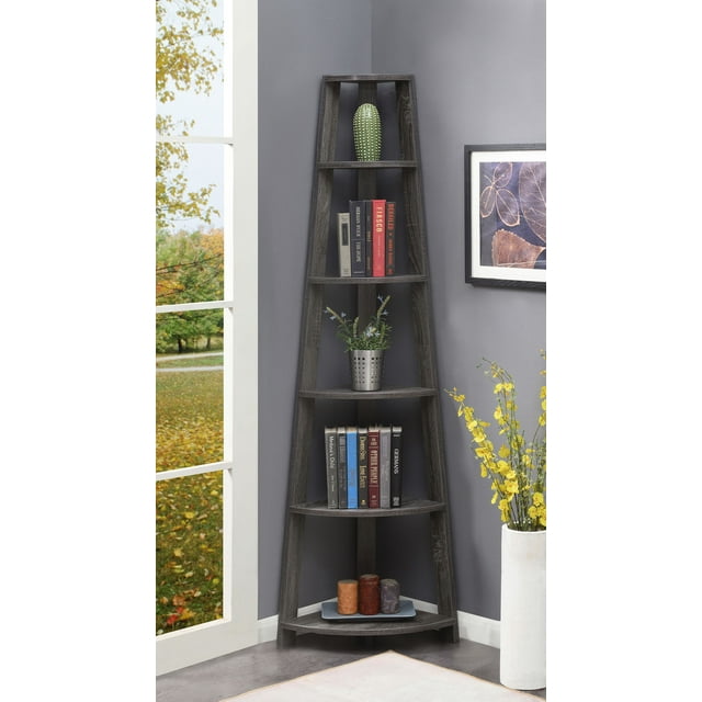 Convenience Concepts Newport 6 Tier Corner Bookshelf, Weathered Gray