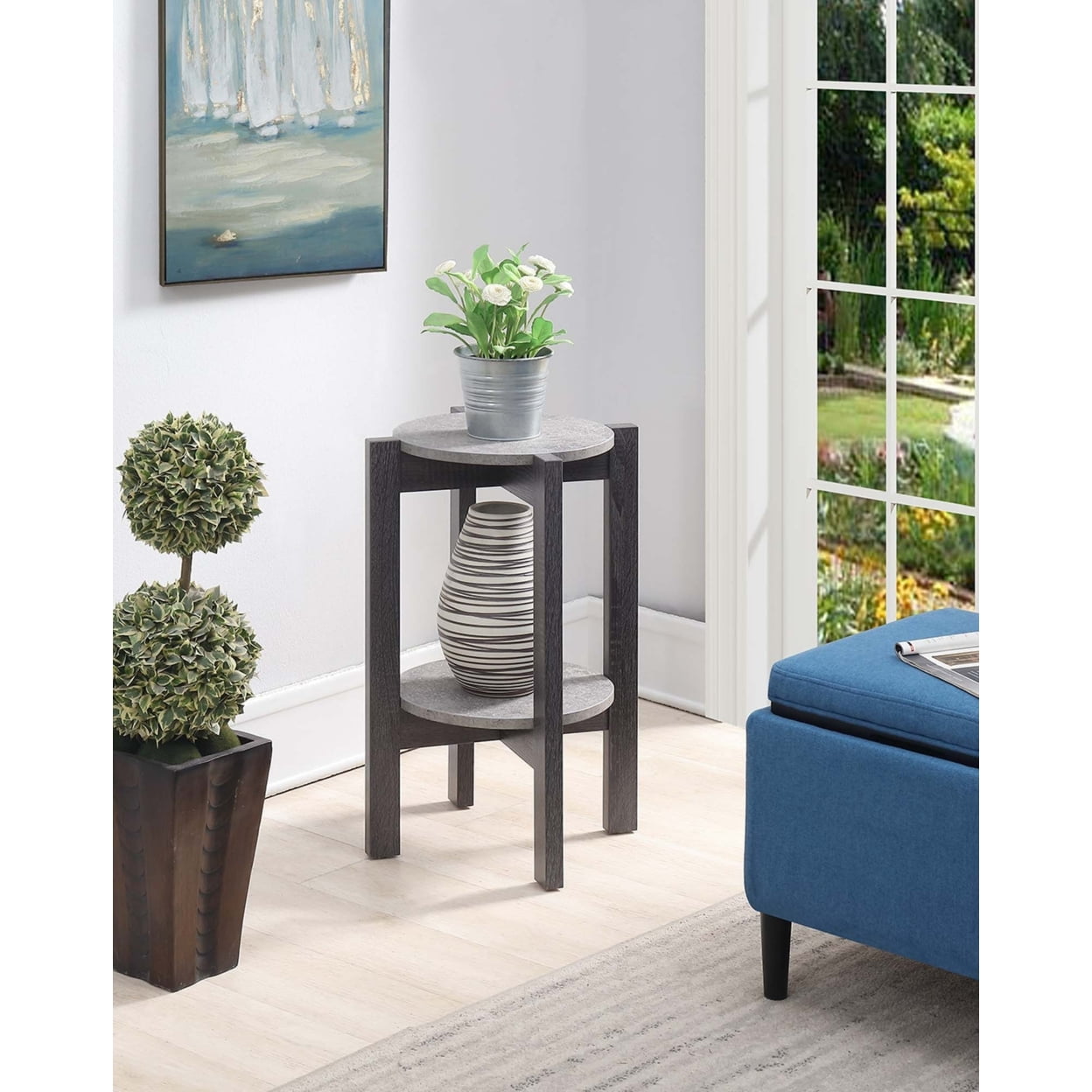 Gray Faux Cement and Black Medium 2-Tier Plant Stand