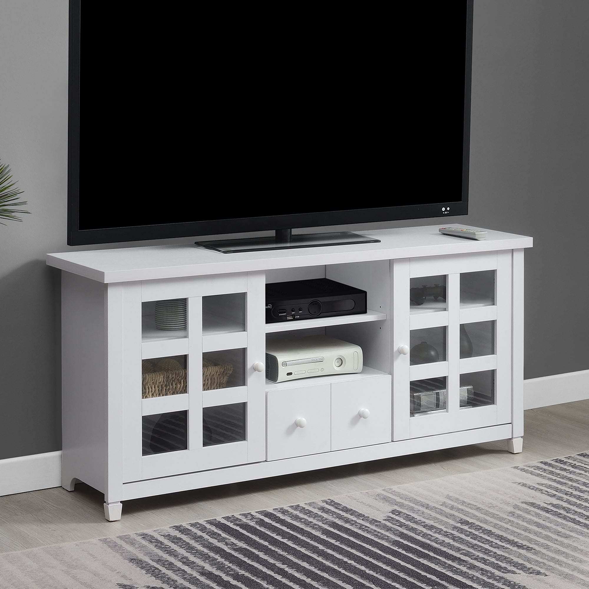 White 60 Inch TV Stand with Storage Cabinets and Shelves