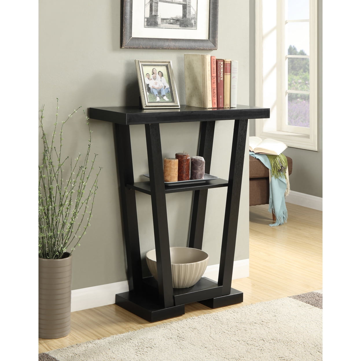 Newport V Sleek Black Console Table with Glass Shelves