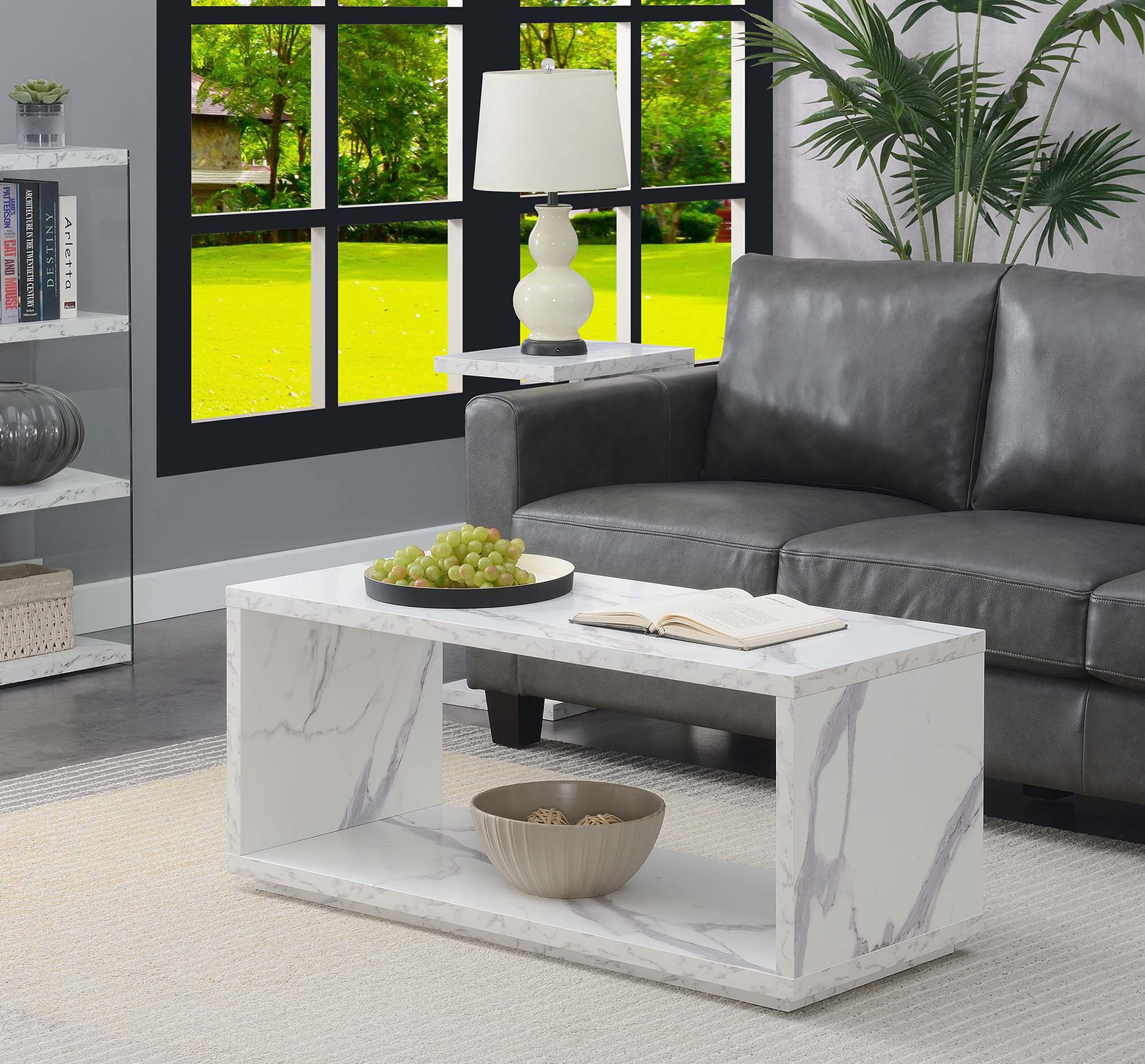 Modern Rectangular Wood and Faux Marble Coffee Table, 42" White
