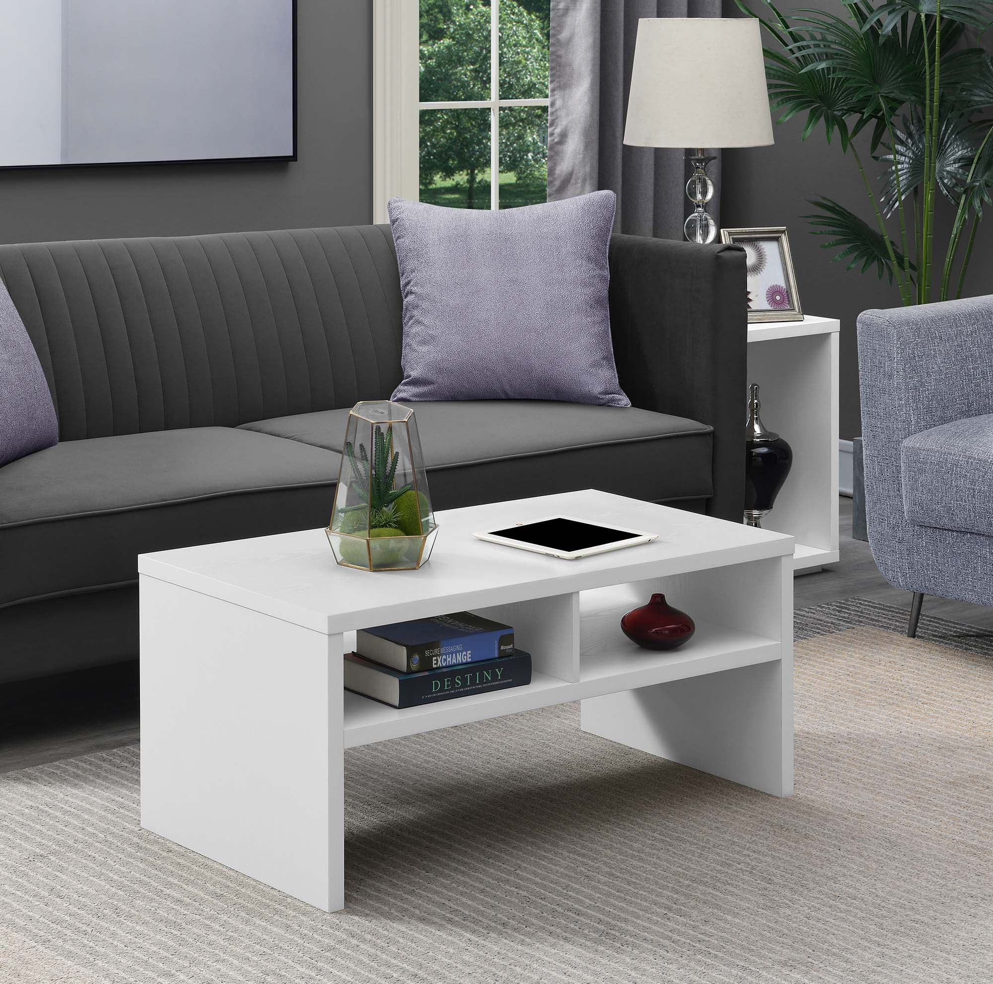 Modern Minimalist White Rectangular Coffee Table with Shelving