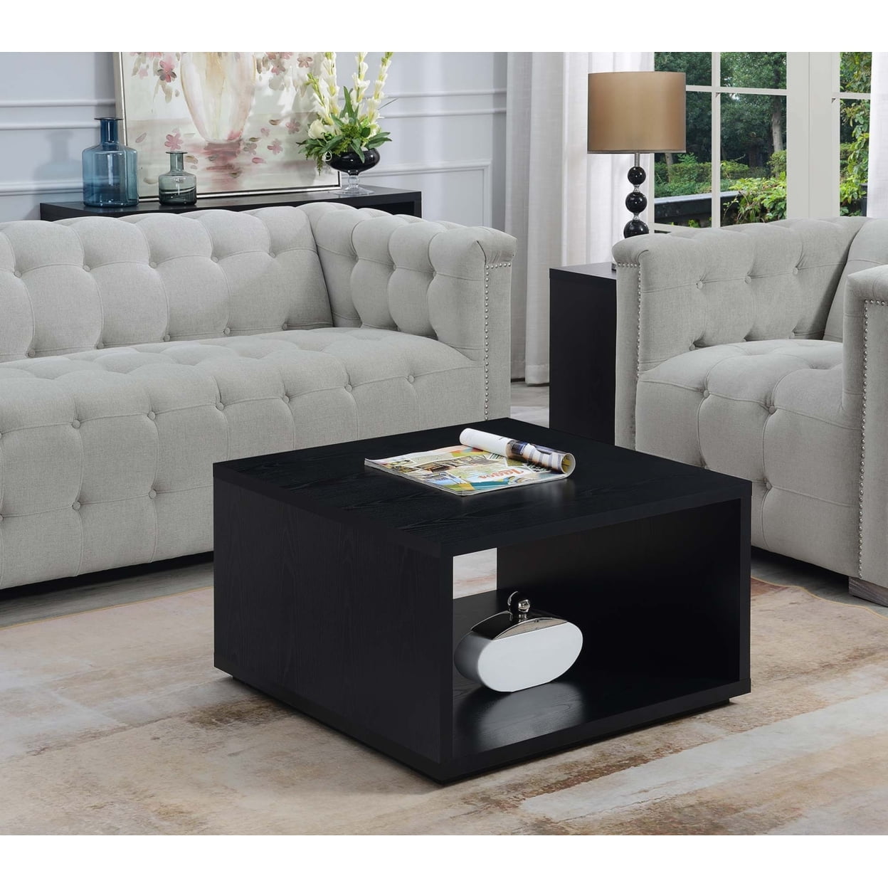 Modern Square Black Coffee Table with Storage Shelf