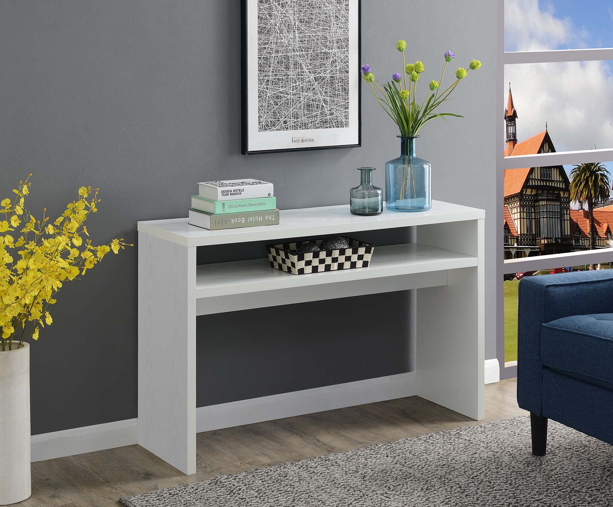 Contemporary White Melamine 48" Console Table with Storage Shelves