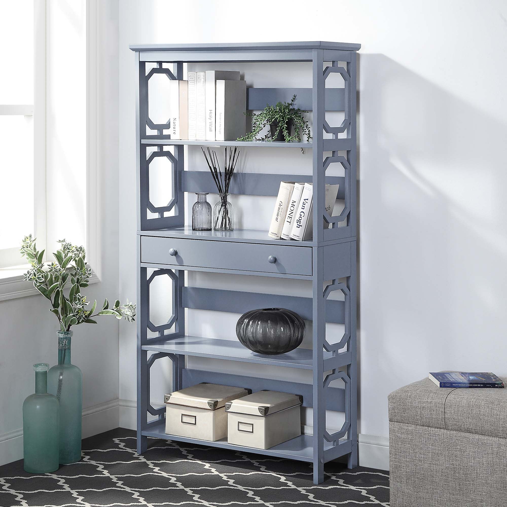 Convenience Concepts Omega 5 Tier Bookcase with Drawer Gray