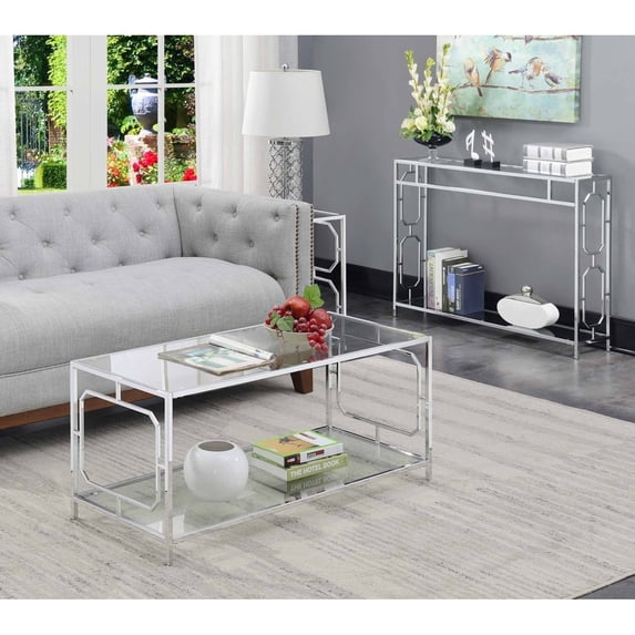 Convenience Concepts Omega Chrome Coffee Table with Shelf, Glass/Chrome