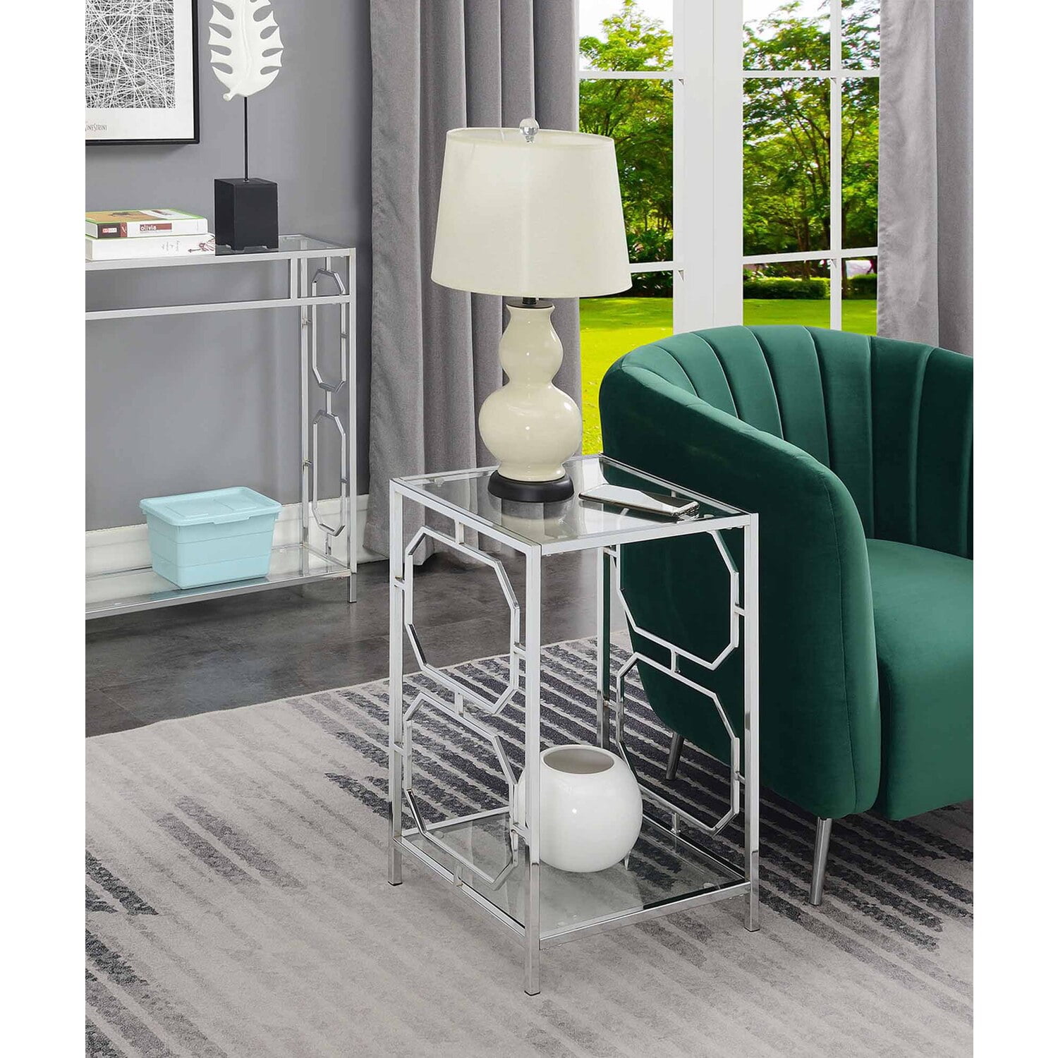 Omega Chrome and Glass End Table with Shelf