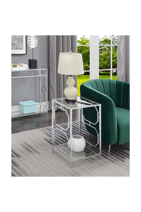 Omega Chrome End Table with Shelf, Glass/Chrome
