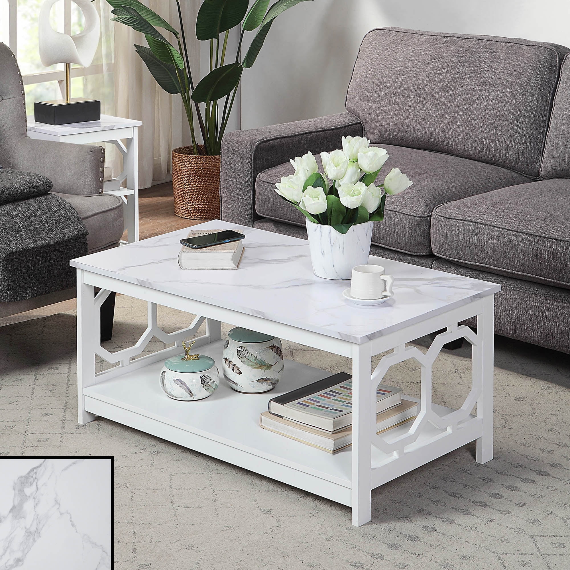 Convenience Concepts Omega Coffee Table with Shelf White Faux Marble White