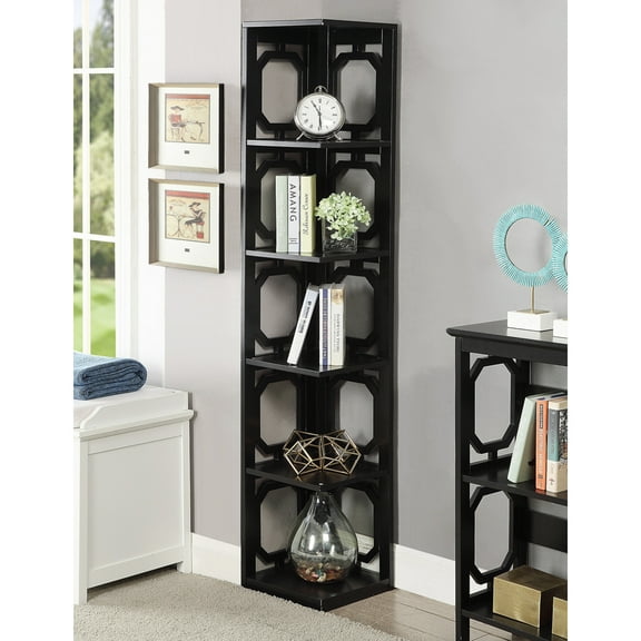 Convenience Concepts Omega Five-Shelf Corner Bookcase in Black Wood Finish