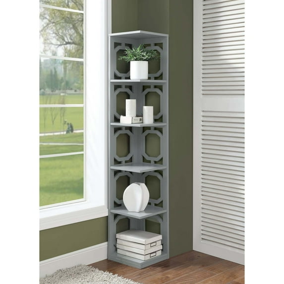 Convenience Concepts Omega Five-Tier Corner Bookcase in Gray Wood Finish