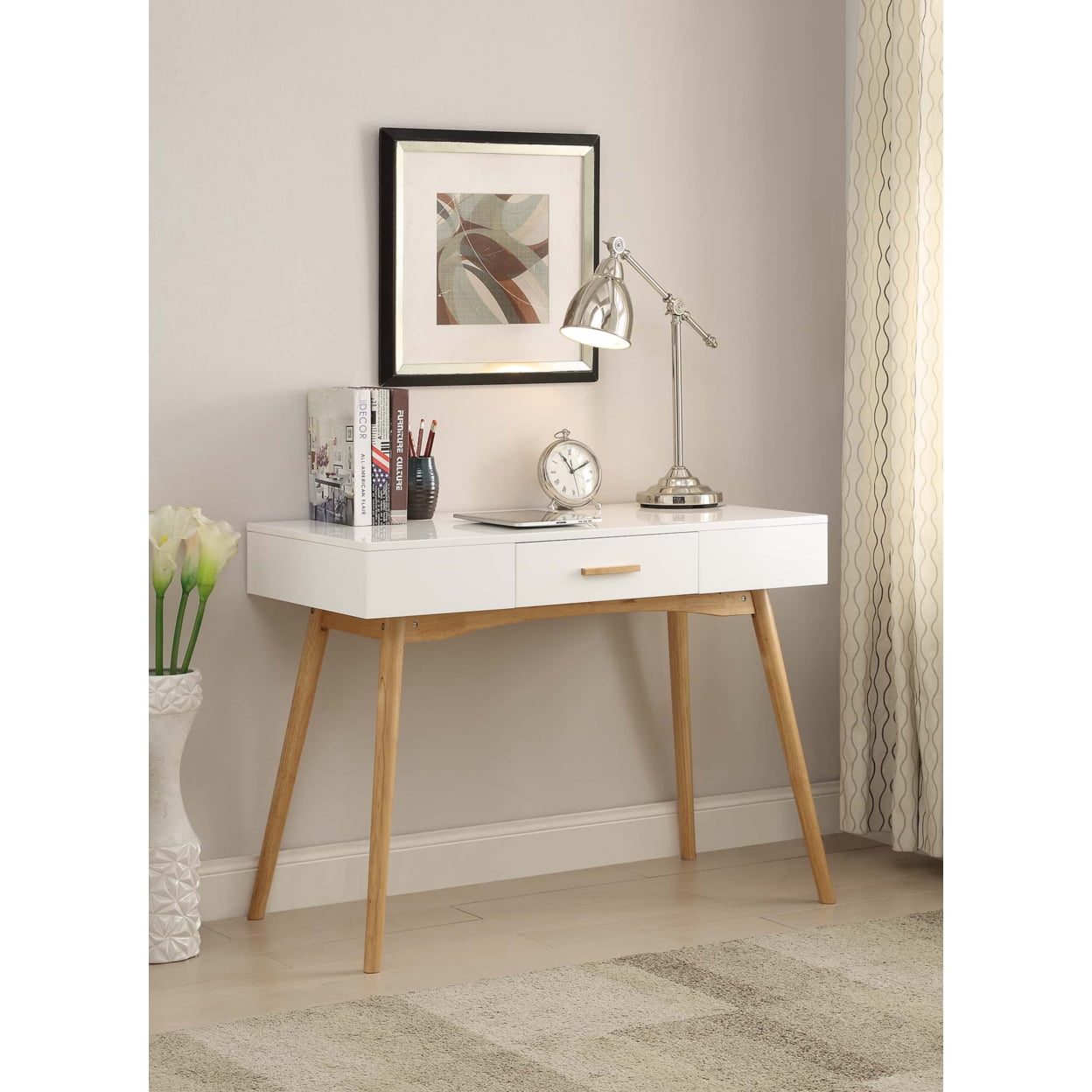 White Rubberwood Mid Century Modern Desk with Drawer