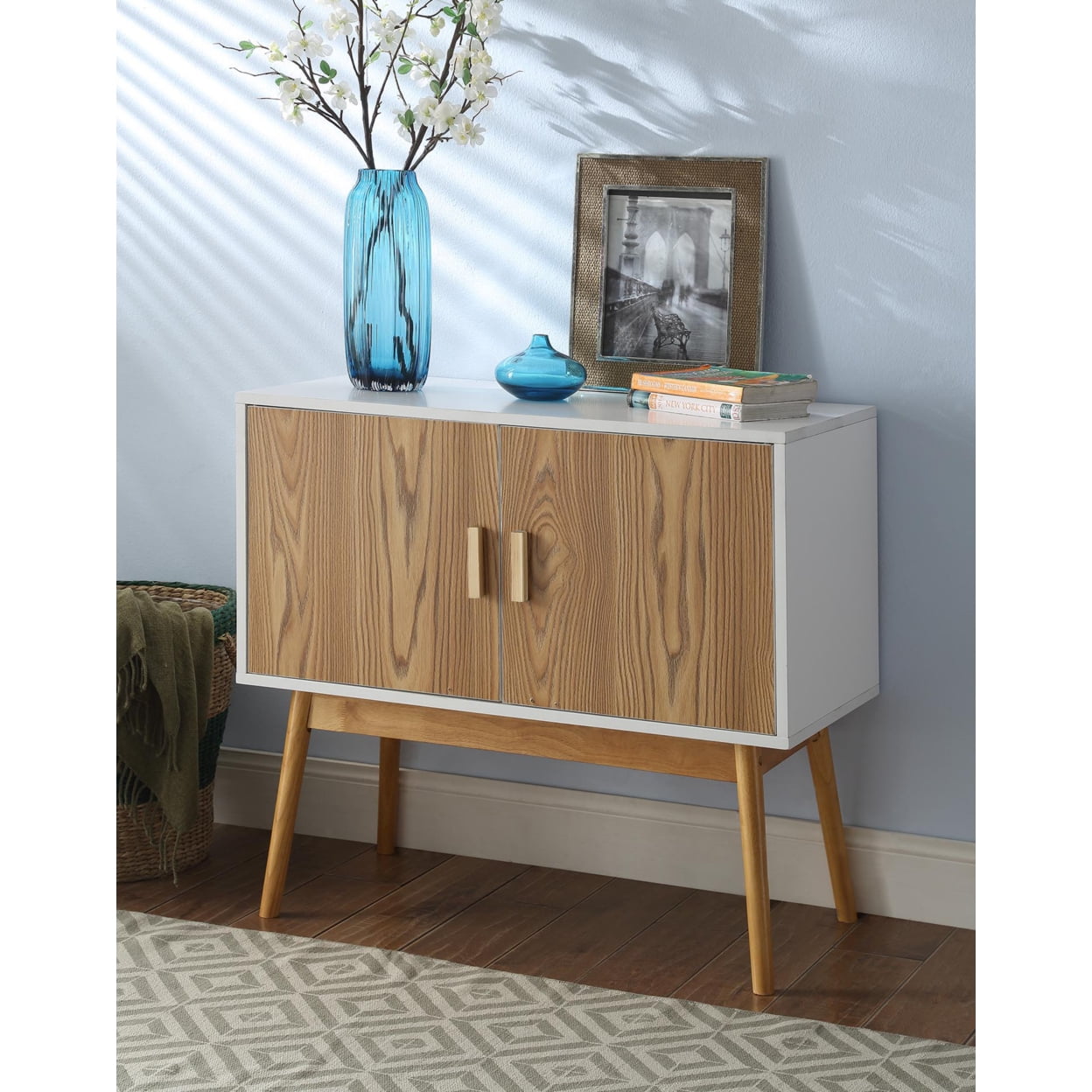 Oslo Modern White and Woodgrain Storage Console with Reversible Doors