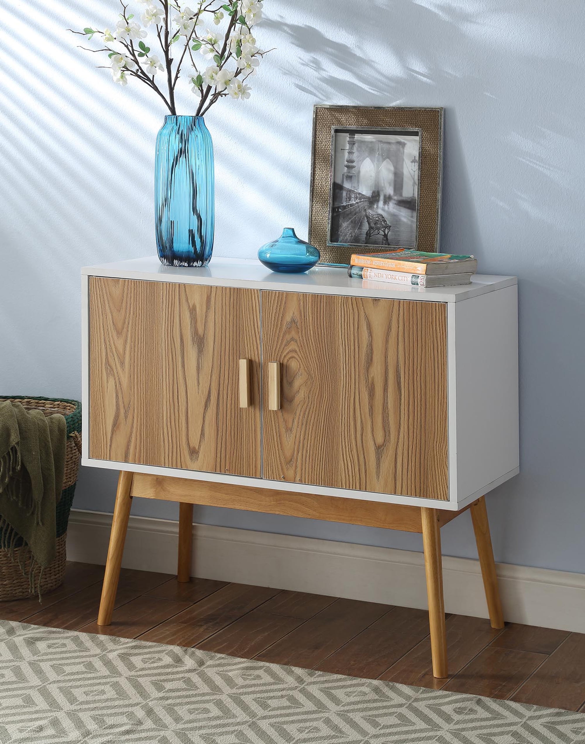 Oslo Modern White and Woodgrain Storage Console with Reversible Doors