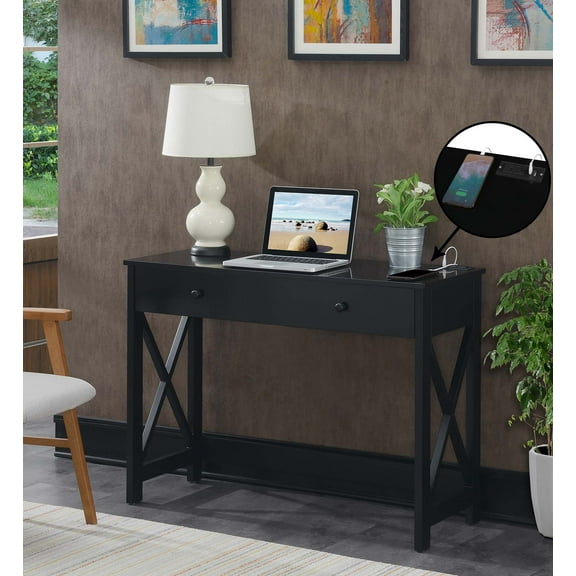 Convenience Concepts Oxford 1 Drawer 42-inch Desk with Charging Station, Black, All Ages