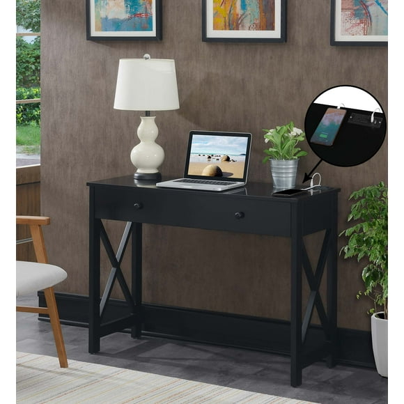 Convenience Concepts Oxford 1 Drawer 42-inch Desk with Charging Station, Black, All Ages