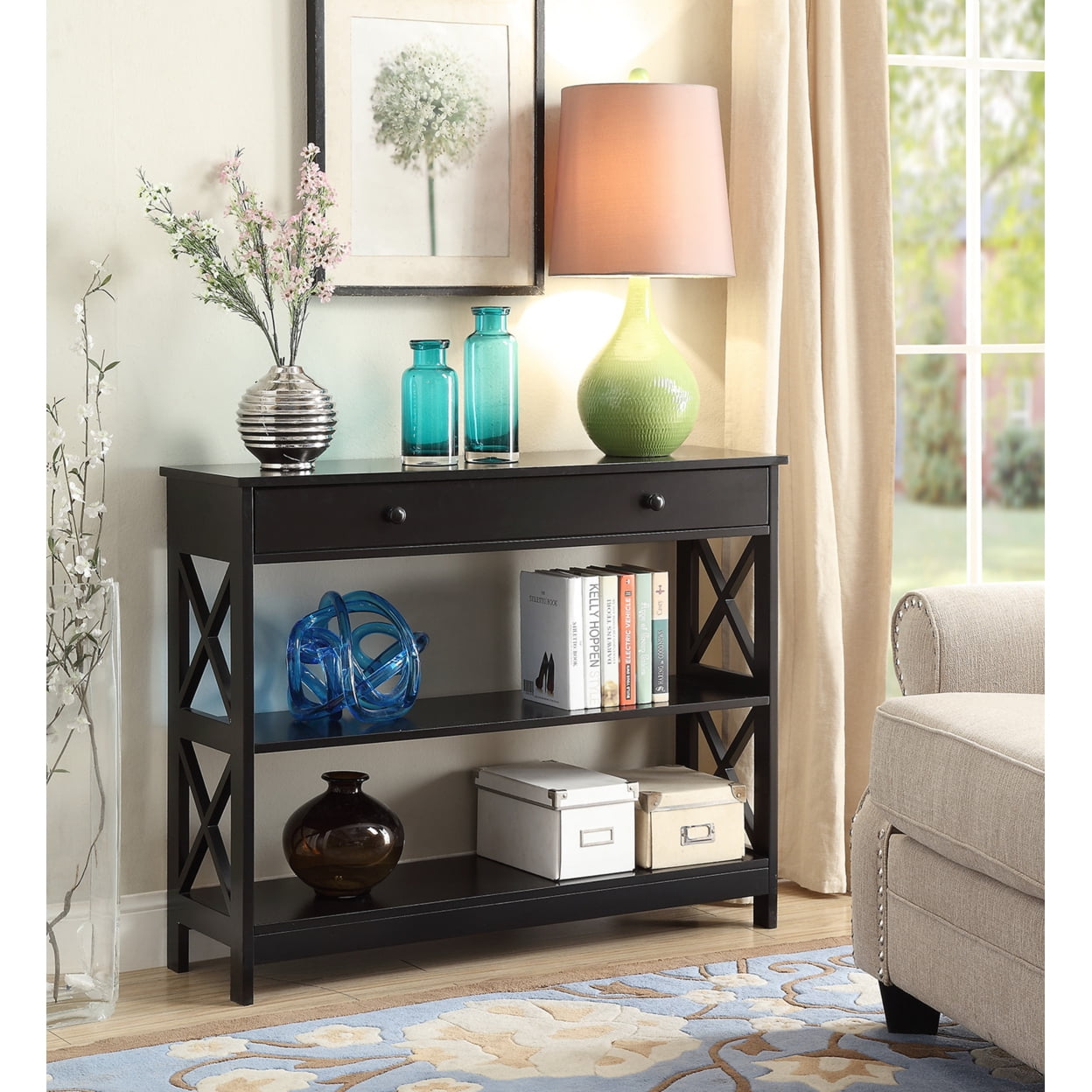 Oxford Transitional Black Wood Console Table with Drawer and Shelves