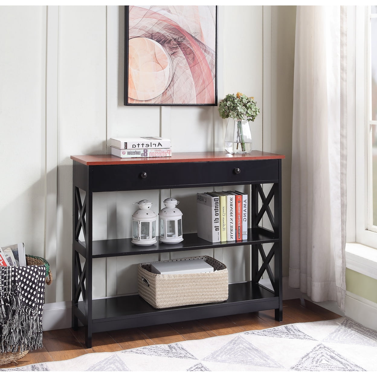 Oxford Cherry & Black Wood Console Table with Storage