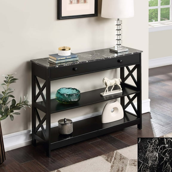 Convenience Concepts Oxford 1 Drawer Console Table with Shelves, Black Faux Marble/Black