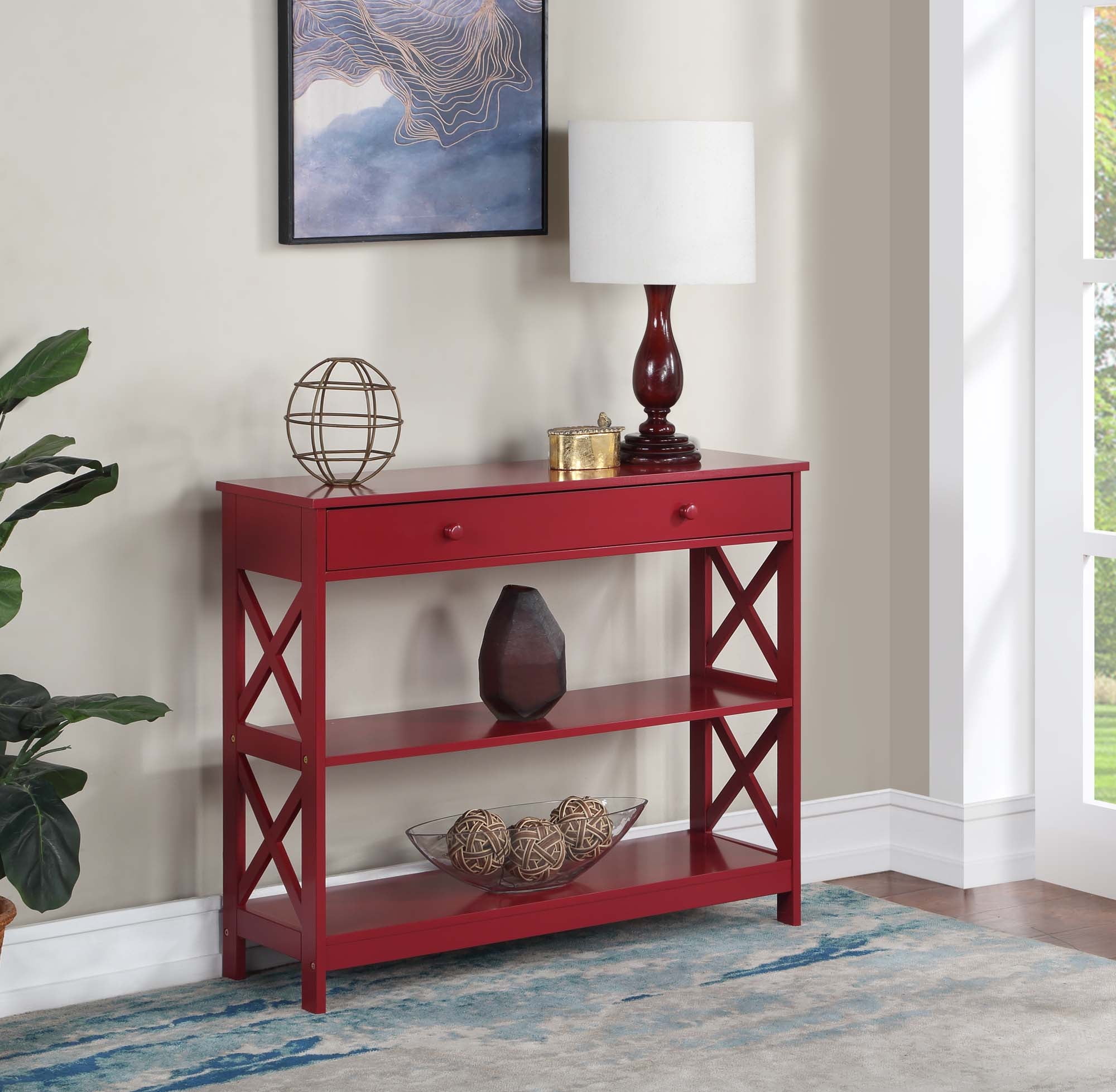 Cranberry Red Wood Console Table with Storage Shelves