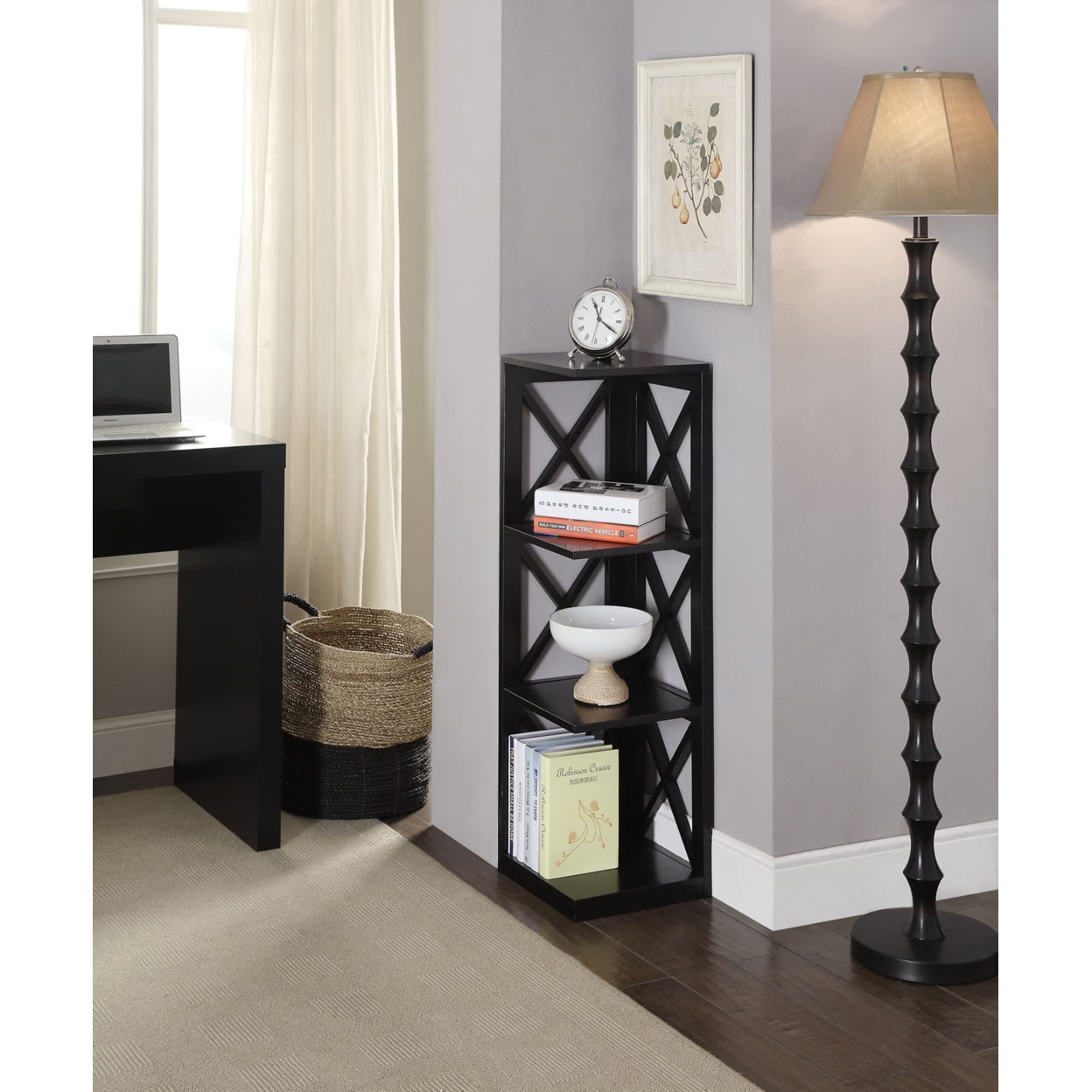 Oxford Elegant Black Wood 3-Tier Corner Bookcase