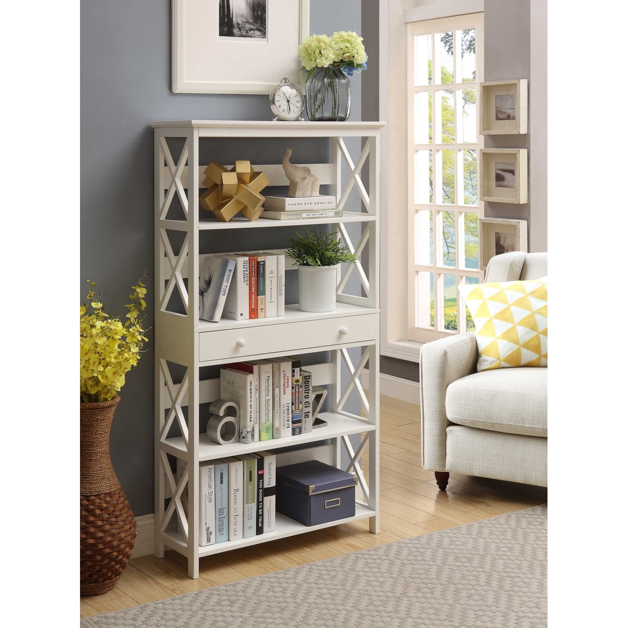 Oxford Elegance White Engineered Wood 5-Tier Bookcase with Drawer