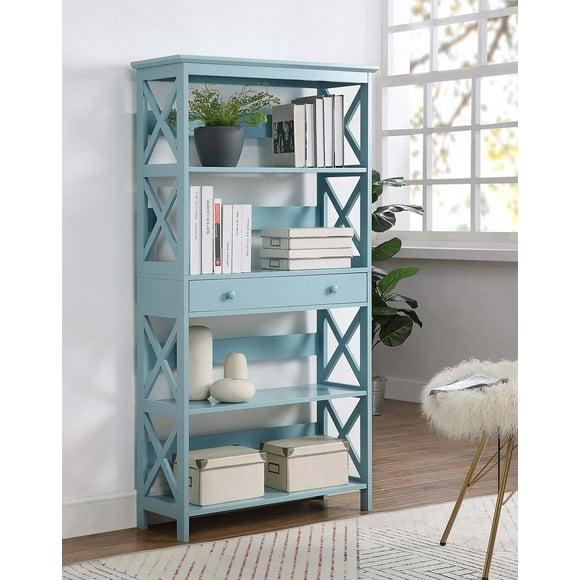 Convenience Concepts Oxford 5 Tier Wood Bookcase with Drawer in Sea Foam