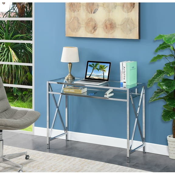 Convenience Concepts Oxford Chrome 42-inch Desk with Shelf, Glass/Chrome, All Ages