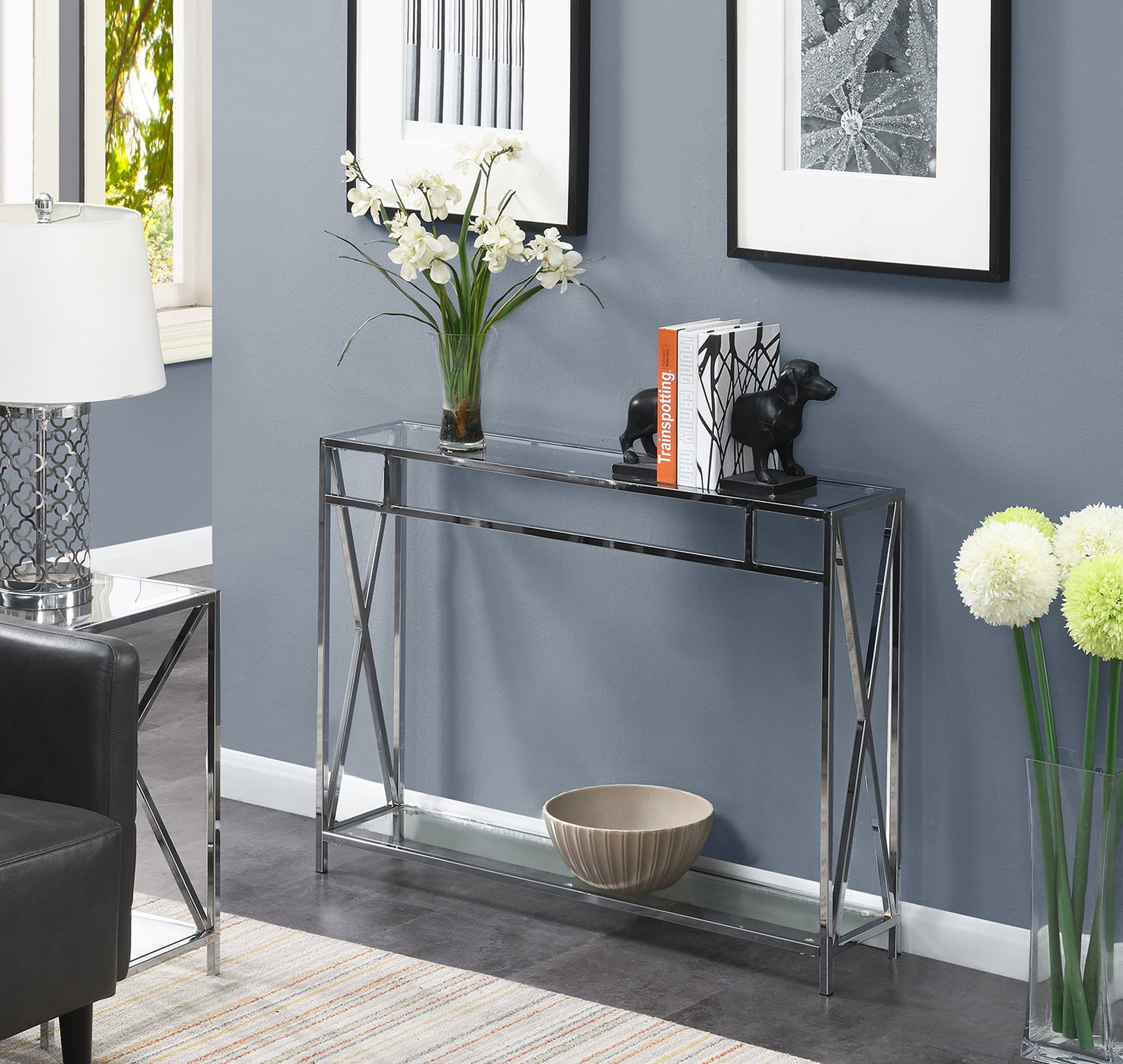Oxford 42'' Chrome and Glass Console Table with Open Shelving