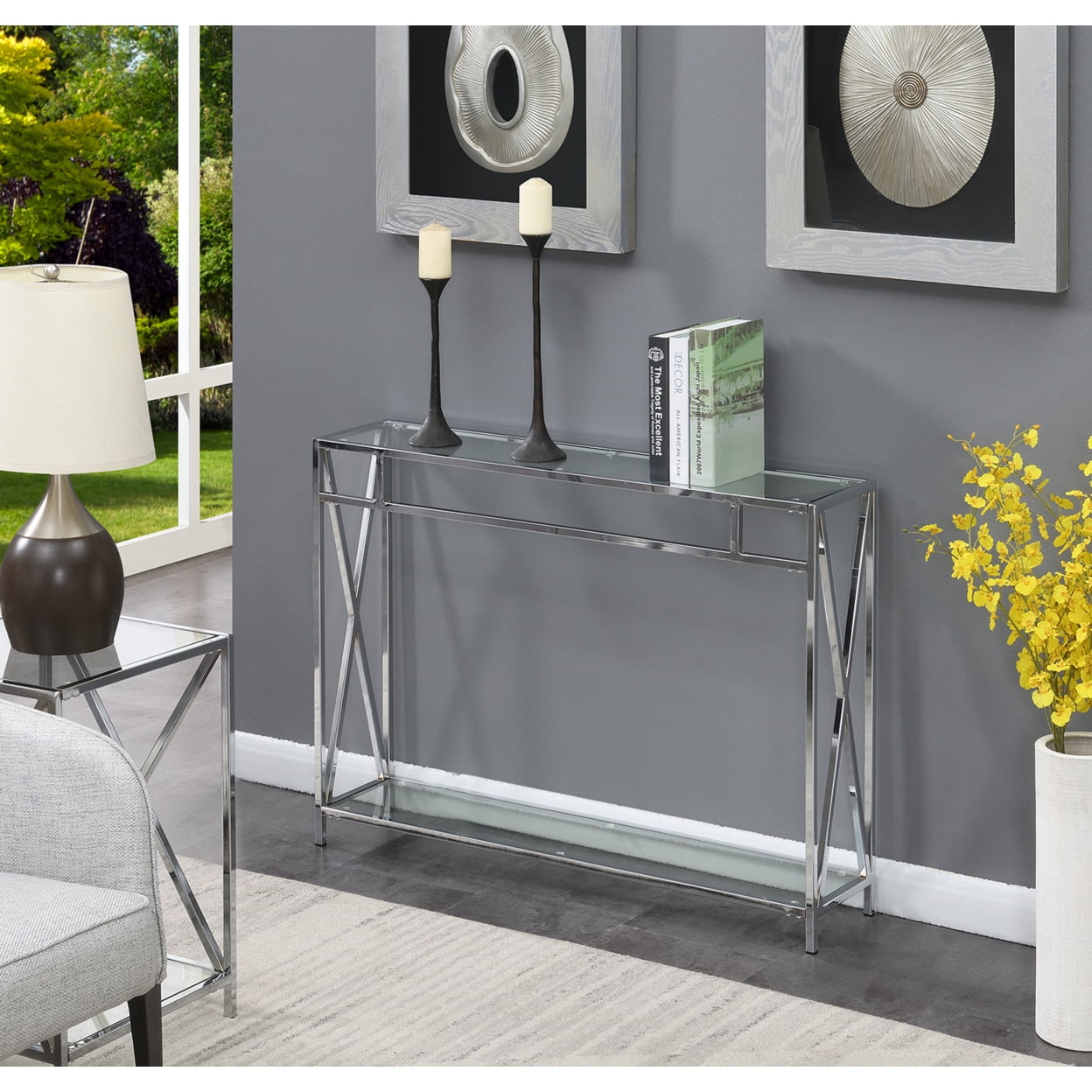 Convenience Concepts Oxford Chrome Console Table with Shelf Glass Chrome