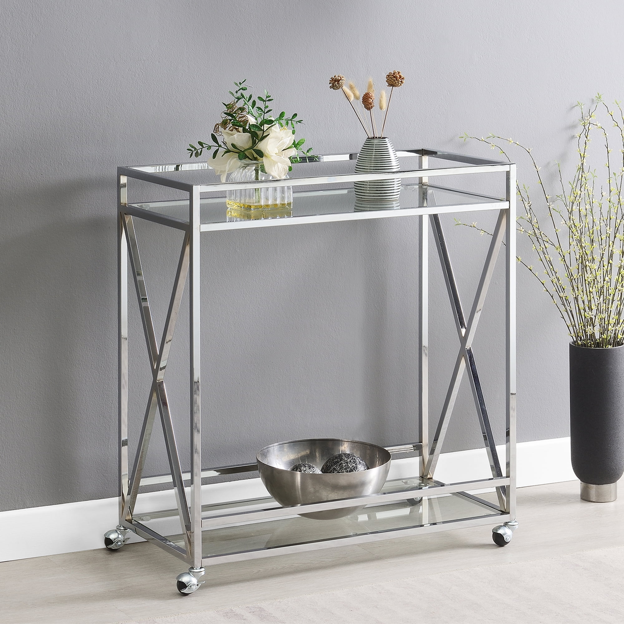 Convenience Concepts Oxford Chrome Glass Bar Cart with Shelf, Glass