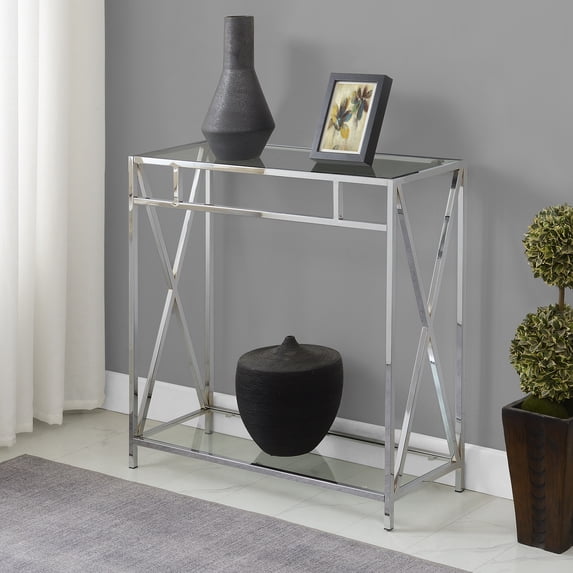 Convenience Concepts Oxford Chrome Glass Hall Table with Shelf in Glass & Chrome Frame