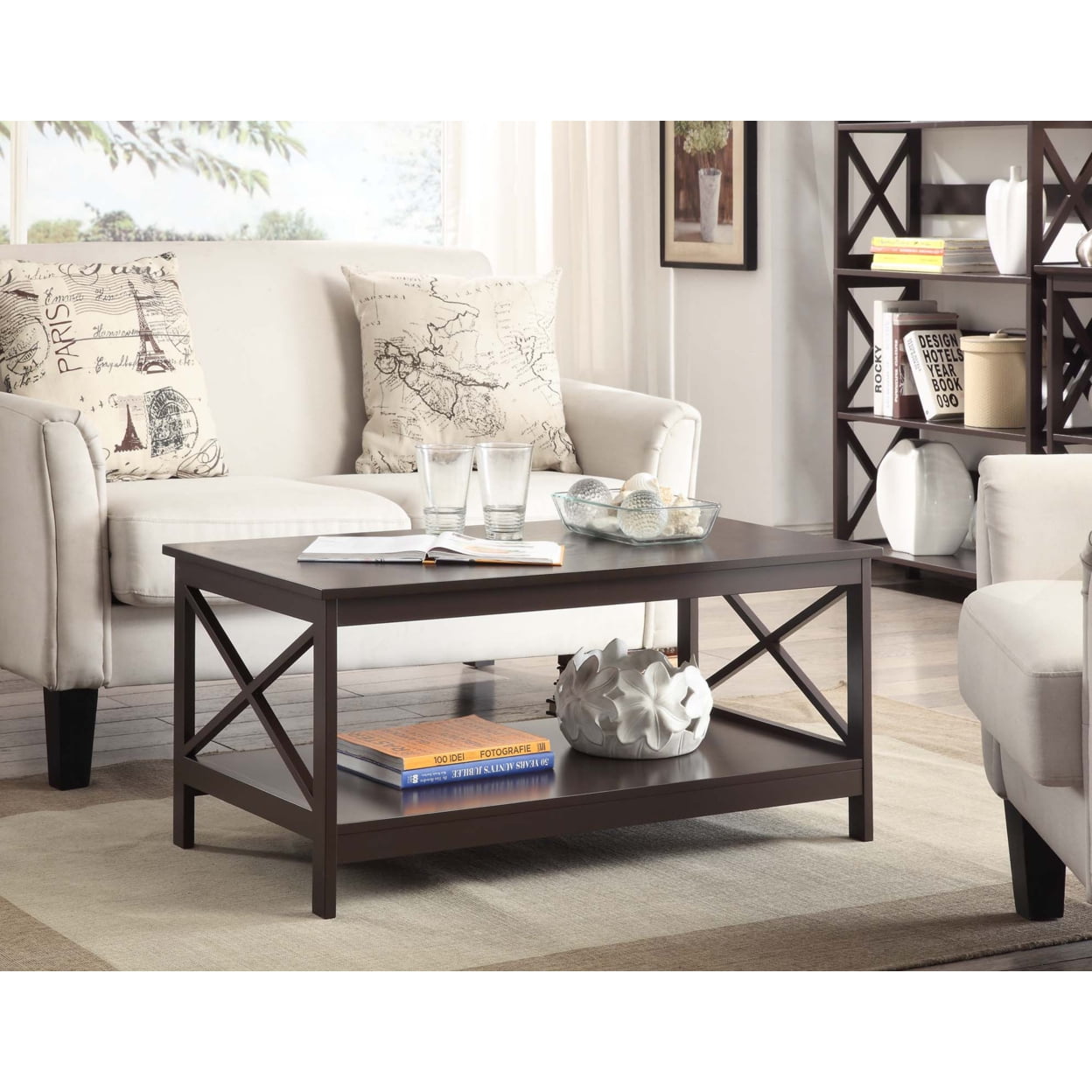 Espresso Rectangular Wood Coffee Table with Shelf