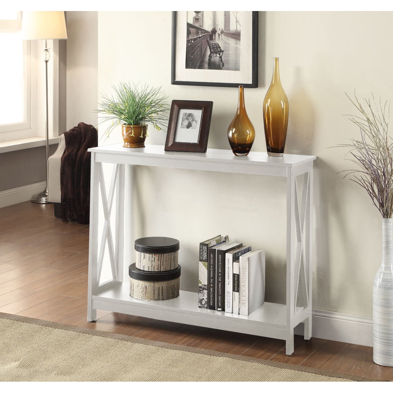 Oxford White Console Table with Dual-Tier Storage Shelving