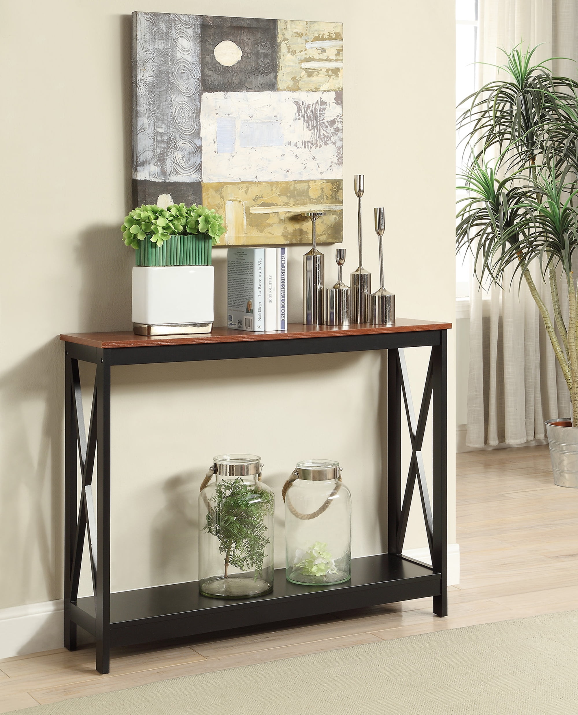 Convenience Concepts Oxford Console Table with Shelf, Cherry/Black