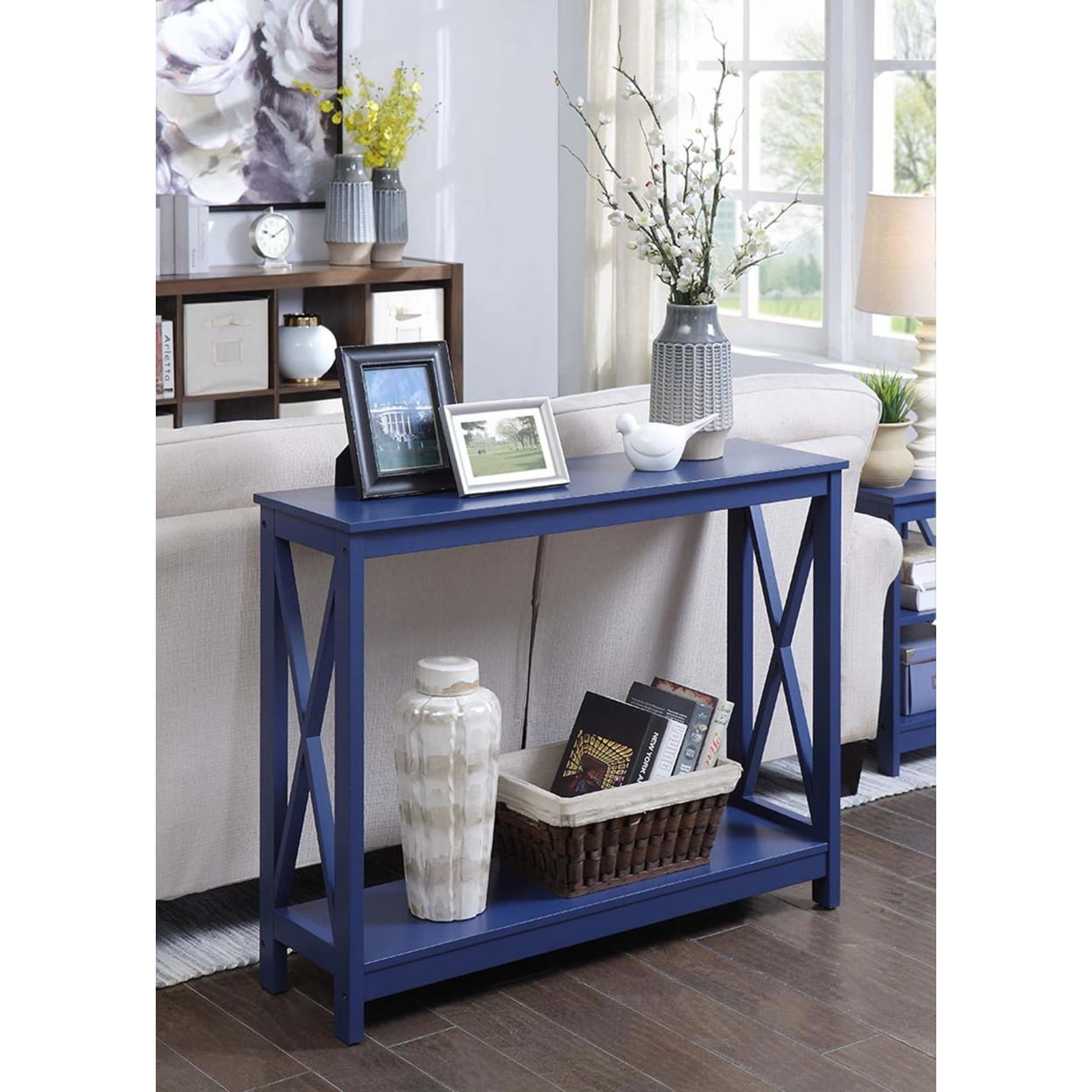 Oxford Cobalt Blue Console Table with Storage Crossbar Design