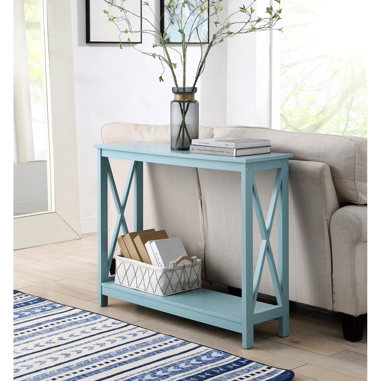 Sea Foam Blue Wood Console Table with Storage Shelf