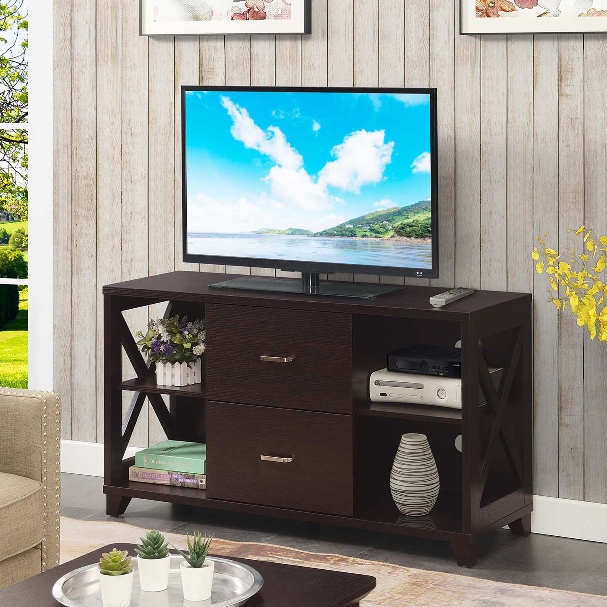 Convenience Concepts Oxford Deluxe 2 Drawer TV Stand with Shelves for TVS Up to 55 Inches Espresso