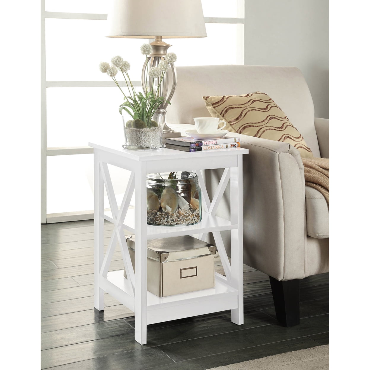 Coastal Farmhouse Chic White Square Wood End Table with Shelves