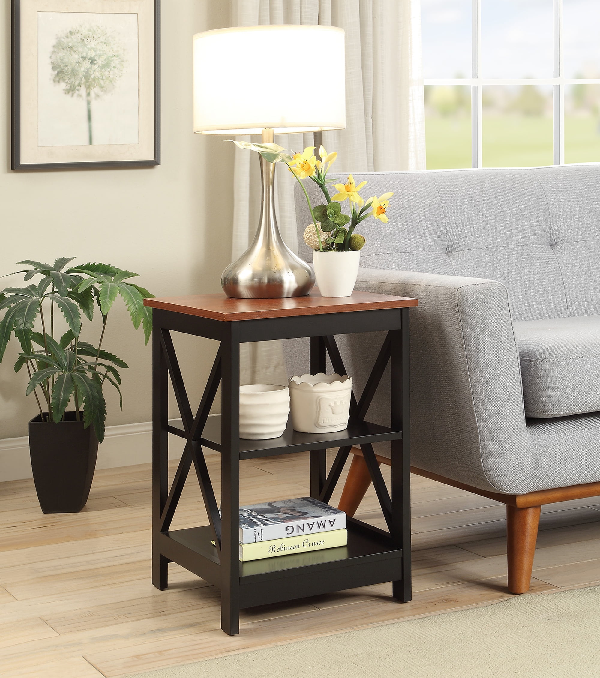 Cherry and Black Square Wood End Table with Shelves