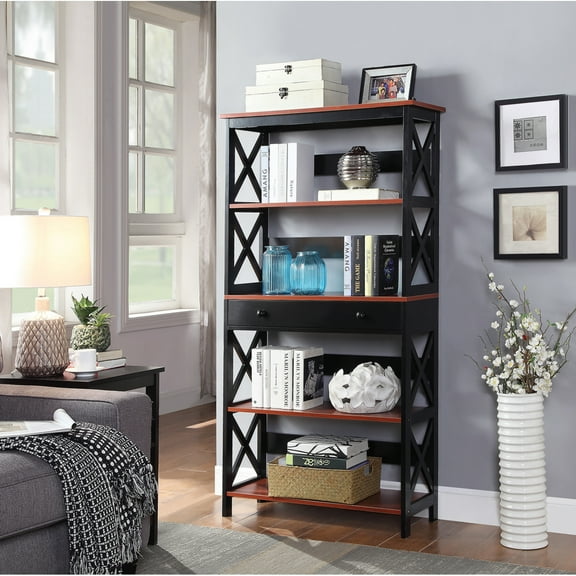 Convenience Concepts Oxford Five-Tier Bookcase in Cherry and Black Wood Finish