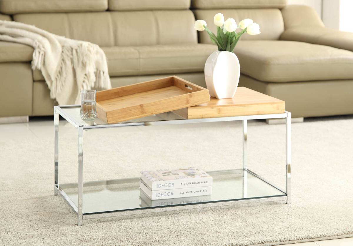 Convenience Concepts Palm Beach Glass Coffee Table w/ Serving Tray - Bamboo - image 1 of 5