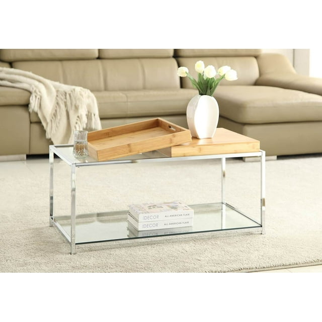 Convenience Concepts Palm Beach Glass Coffee Table w/ Serving Tray - Bamboo