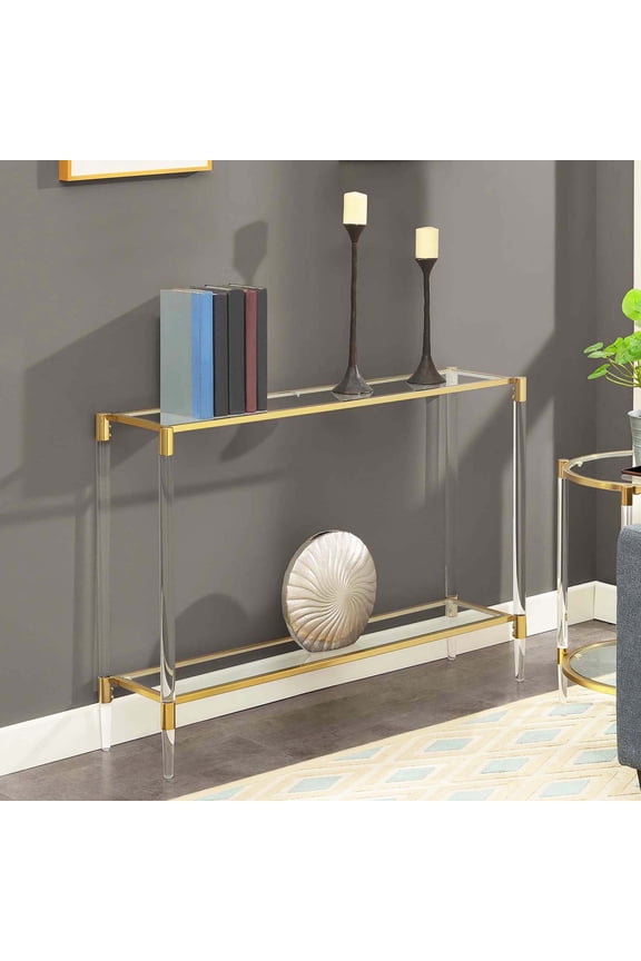 Royal Crest 2 Tier Acrylic Glass Console Table, Gold/Glass