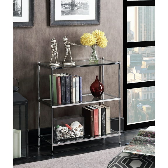 Convenience Concepts Royal Crest Three-Tier Bookcase in Clear Glass and Chrome