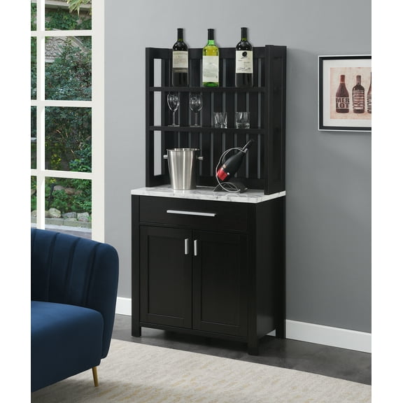 Convenience Concepts Sawyer 1 Drawer Wine Bar with Storage Cabinet and Shelves, White Faux Marble/Espresso