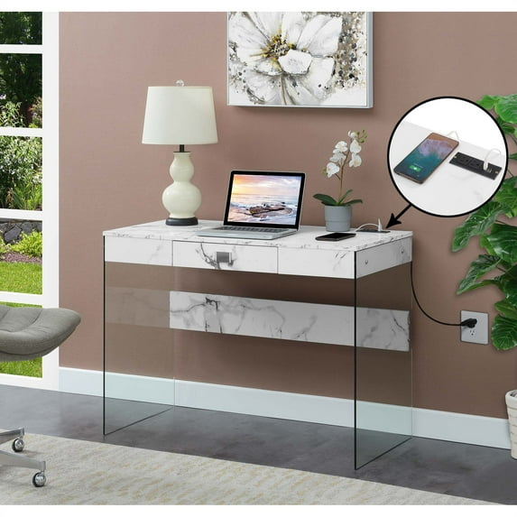Convenience Concepts SoHo 30"H 42" W Glass Desk with Charging Station, White Faux Marble/Glass
