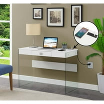 Convenience Concepts SoHo 30"H 42" W Glass Desk with Charging Station, White/Glass, All Ages