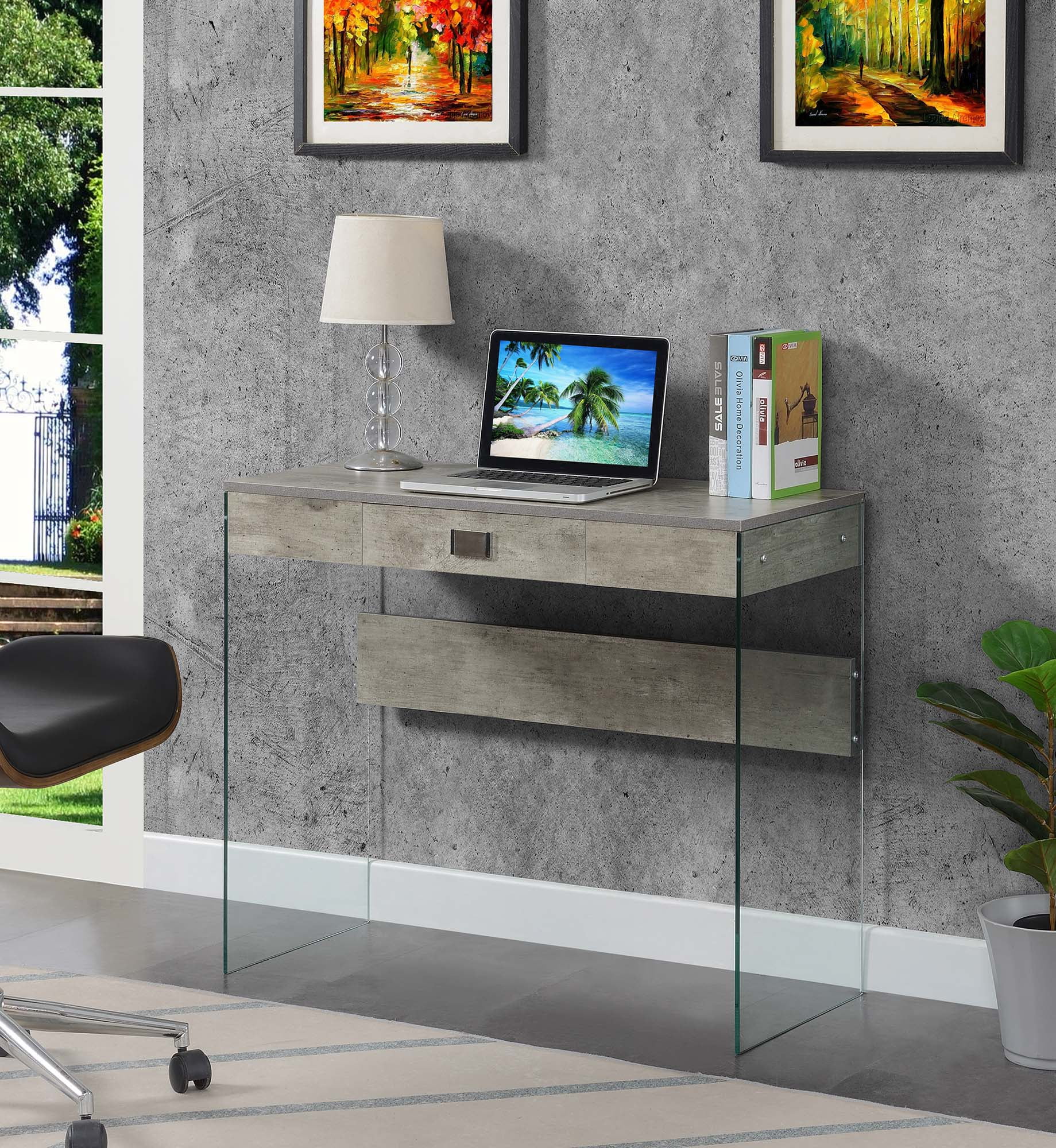Weathered Gray Faux Birch 36" Glass Desk with Drawer