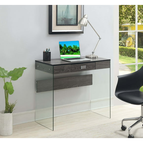 Convenience Concepts SoHo 30" Tall 1 Drawer Glass 36-inch Desk, Weathered Gray/Glass, All Ages